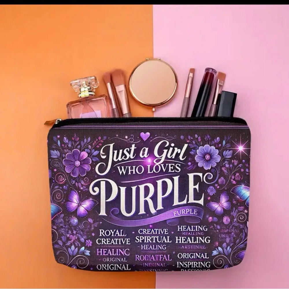 Purple-Loving Girl Linen Makeup Bag, 1pc - Unscented Cosmetic Pouch